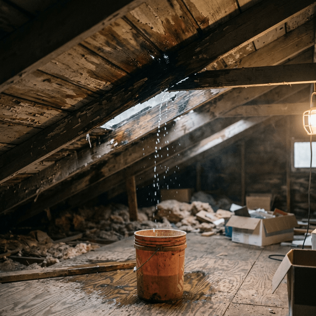 Water leaking from attic roof dripping into orange bucket on wooden floor